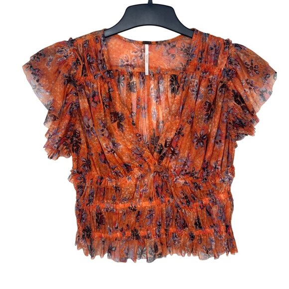 Free People Making Me Smile Floral Ruffle-Sleeve V-Neck Smocked Crop Top XS - Picture 12 of 14